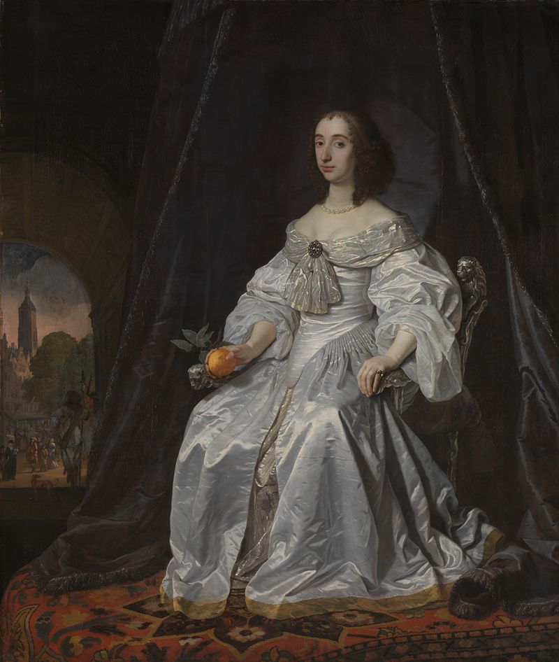 Portrait of Mary Stuart in mourning, holding an orange, oil painting by Bartholomeus van der Helst