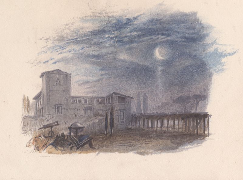 Galileo’s Villa by M.H. Long, Romanticism landscape, features rolling hills and a villa.