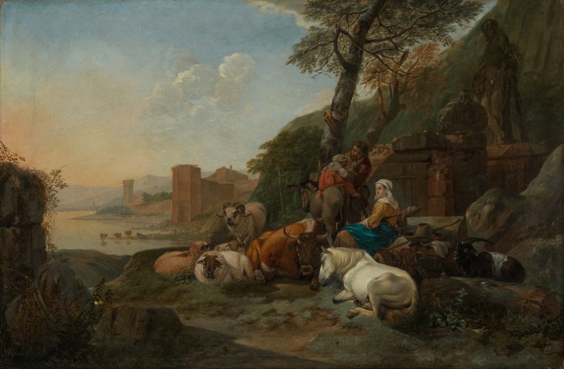 Landscape with shepherd family and herd, oil painting by Johann Heinrich Roos