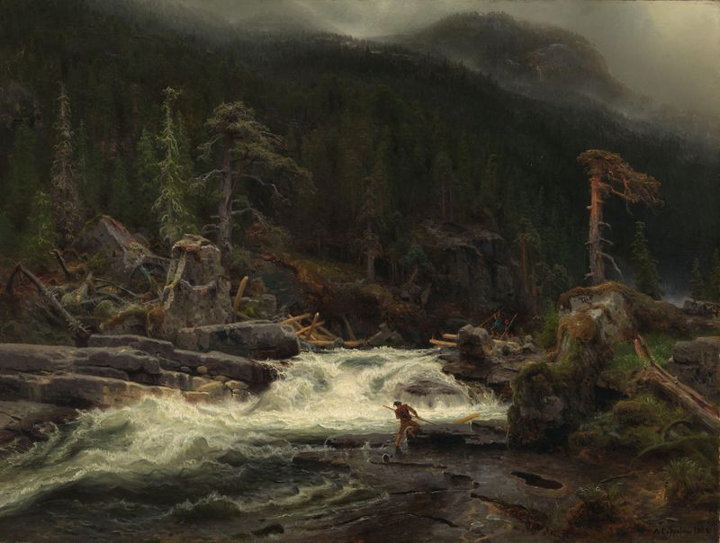 Waterfall in Telemark by August Cappelen, oil painting depicting a waterfall and lush greenery.