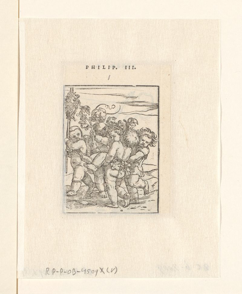Obra em papel do Renascimento do Norte de Hans Holbein mostrando crianças carregando uma criança e um bastão com vinhas.