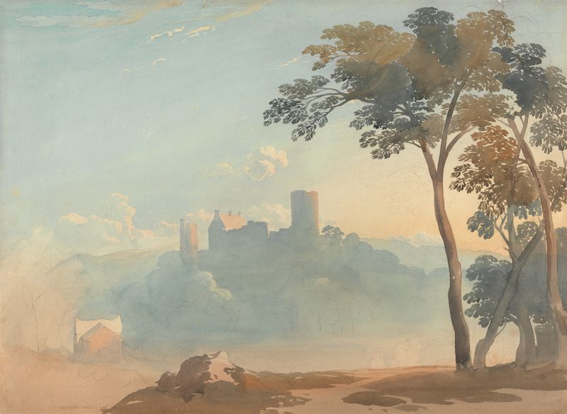Paisagem com um castelo sob um céu tumultuoso, pintura a óleo de John Varley.