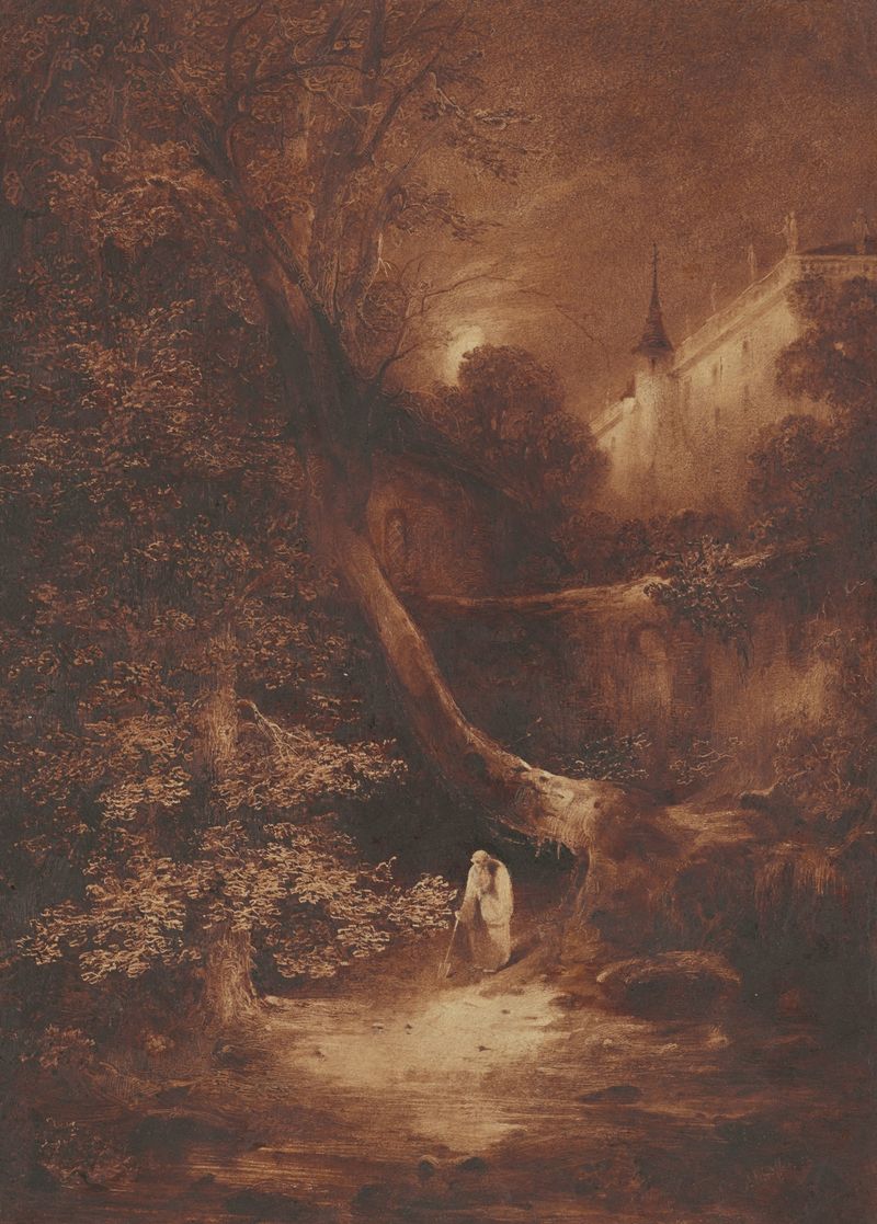 Paisagem ao luar com um monge caminhando perto de um palácio, pintura a óleo de Julius Albert Elsasser