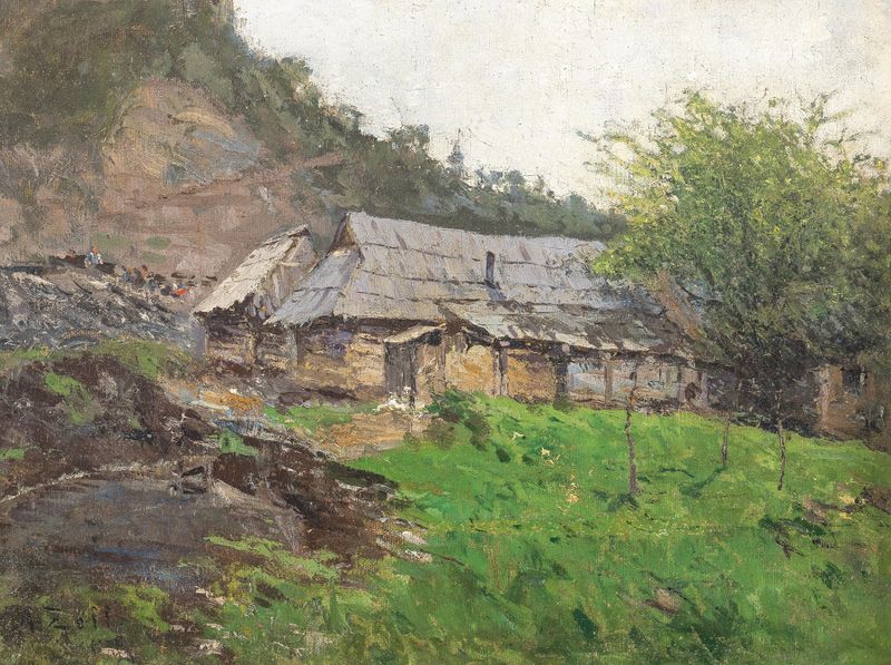 Paisaje con una cabaña entre colinas de Alfred Zoff, medio desconocido.