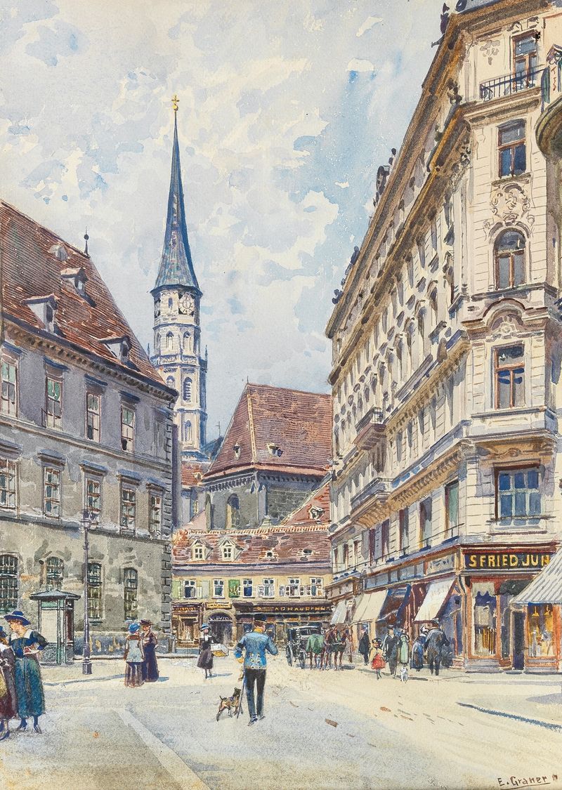 Escena de paisaje de Stallburggasse de Ernst Graner, pintura al óleo con edificios históricos y luz solar.