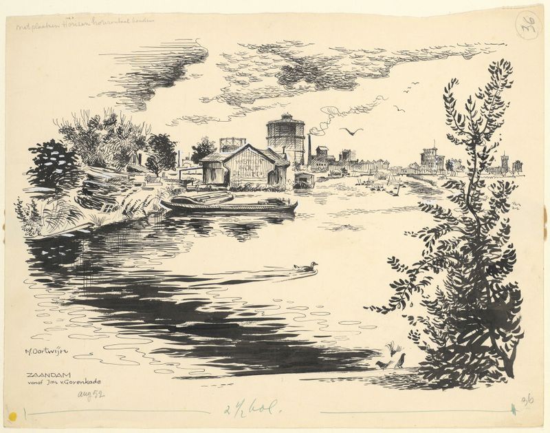 Pintura a óleo de paisagem de Maarten Oortwijn mostrando um rio e uma vila sob um céu cobalto.
