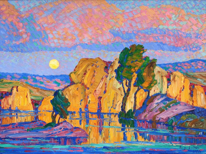 Late Moon Rising, an oil painting by Birger Sandzén, depicting a creek under a rising moon.