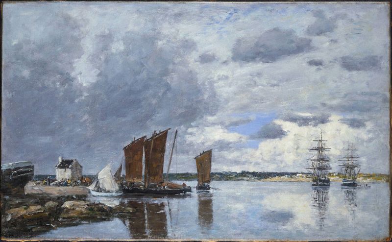 Fishing Boats at Kerhor, óleo sobre lienzo de Eugène Boudin, que muestra barcos en suave oleaje.