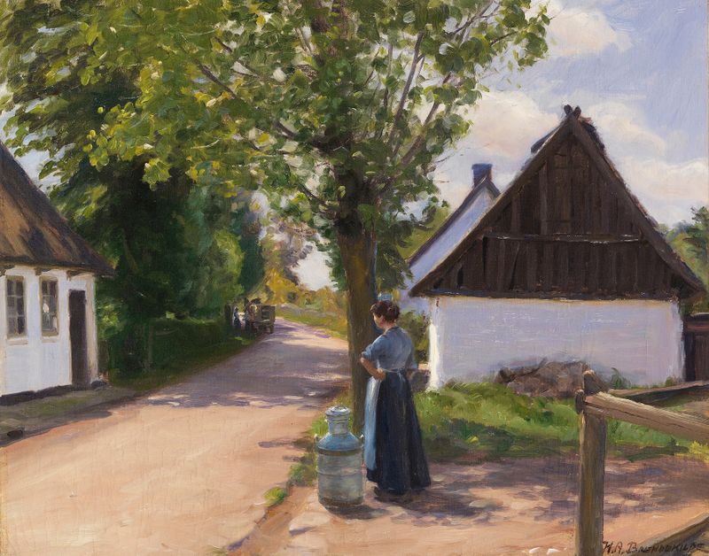 Dänische Dorfstraße mit Bäuerin und Milchmann, oil on canvas by Hans Andersen Brendekilde