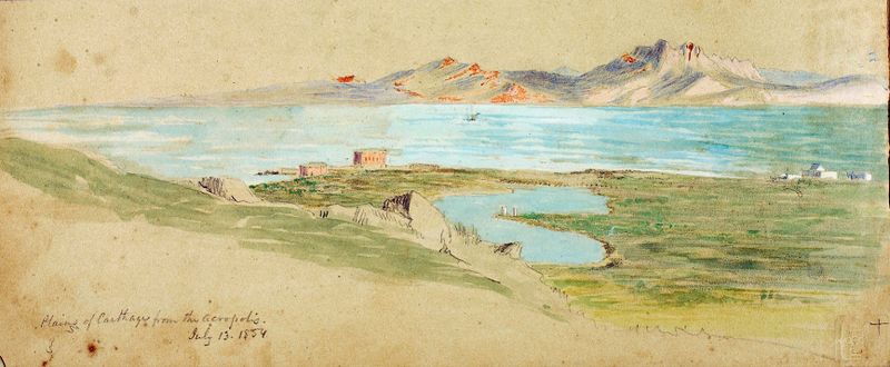 Landscape oil painting by Miner Kilbourne Kellogg depicting golden plains and a cerulean sky.
