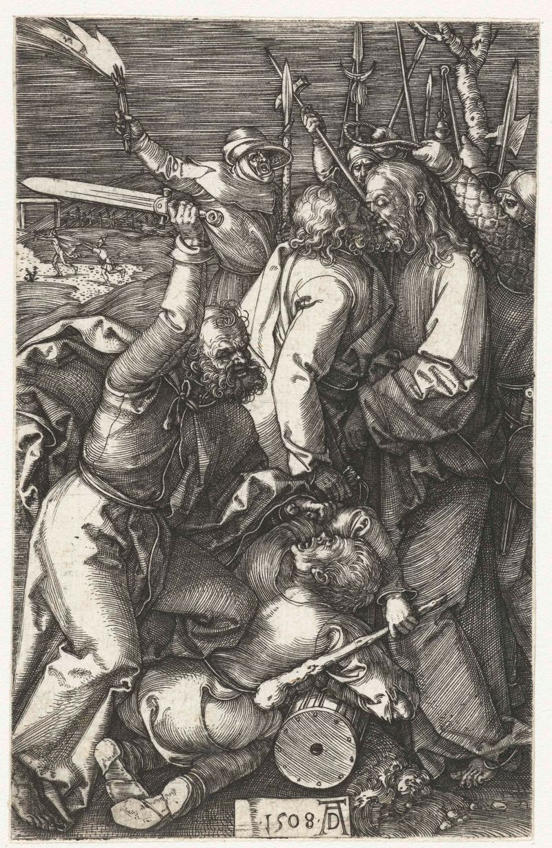 Grabado de Albrecht Dürer que muestra a un hombre encadenado con prendas intrincadas.