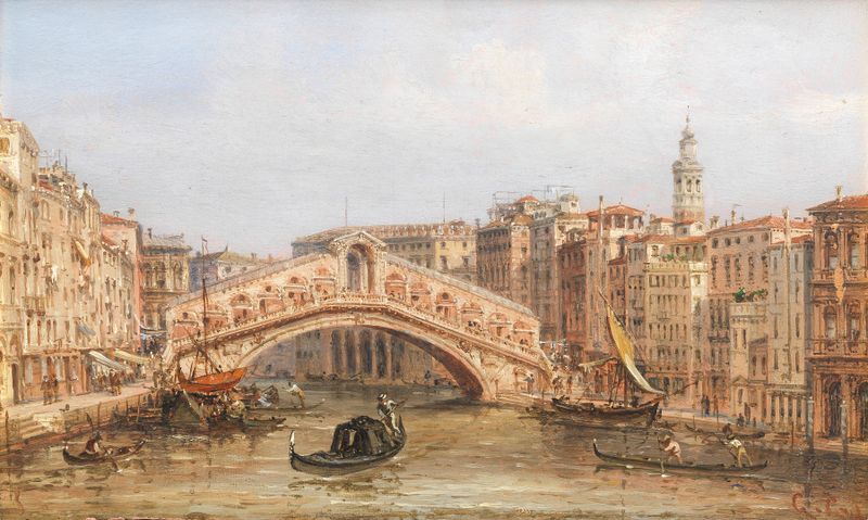 The Rialto Bridge by Giovanni Grubacs, oil painting depicting a grand bridge over a canal.