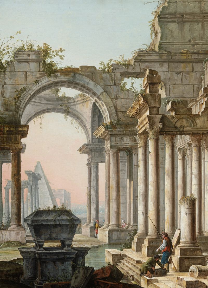 Capriccio with Ruins de Pietro Bellotti, óleo sobre lienzo, con arcos en ruinas y naturaleza.