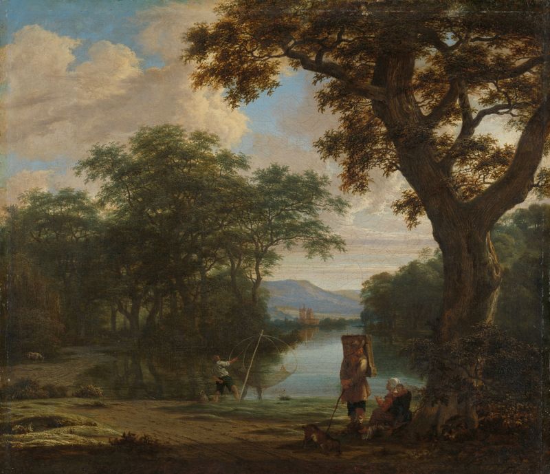 Landscape with Fisherman by Joris van der Haagen, oil painting depicting a fisherman with a square net.