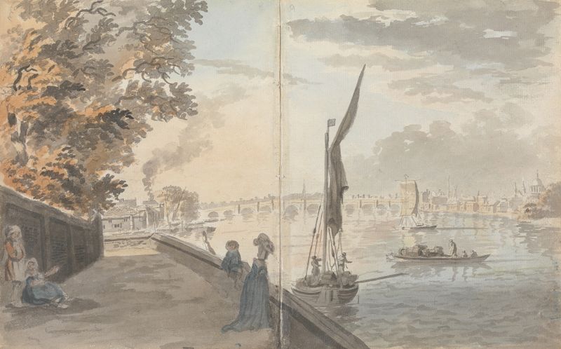 Watercolour by James Miller depicting figures sketching in a lane near a river