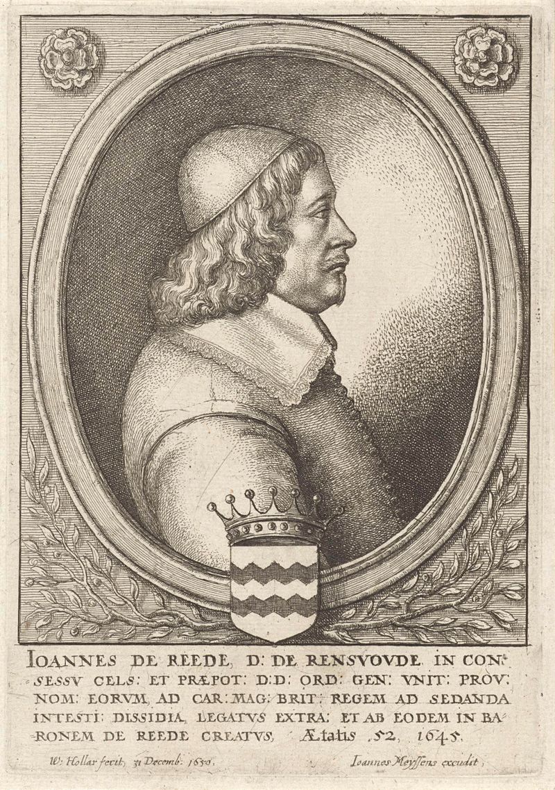 Retrato de Johan barão van Reede, gravura de Wenceslaus Hollar com colarinho de renda intrincado