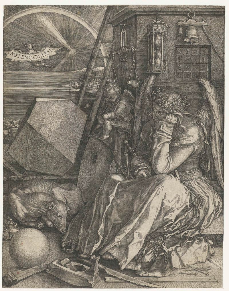 Engraving by Albrecht Dürer depicting a contemplative angel surrounded by tools.