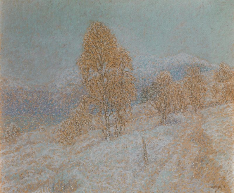 Snowy Day de William Henry Singer, óleo sobre lienzo que muestra un paisaje invernal sereno.