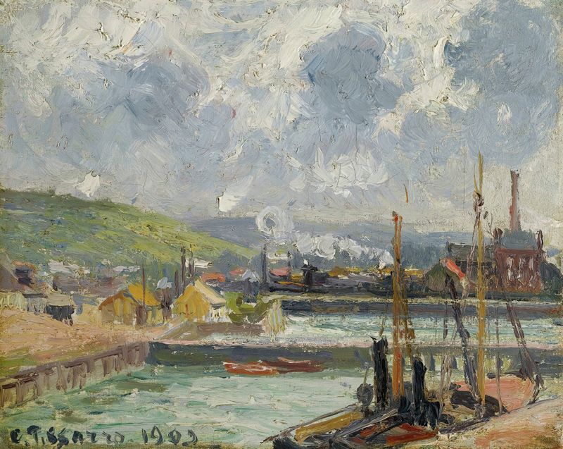 Landscape oil painting by Camille Pissarro featuring water reflections.