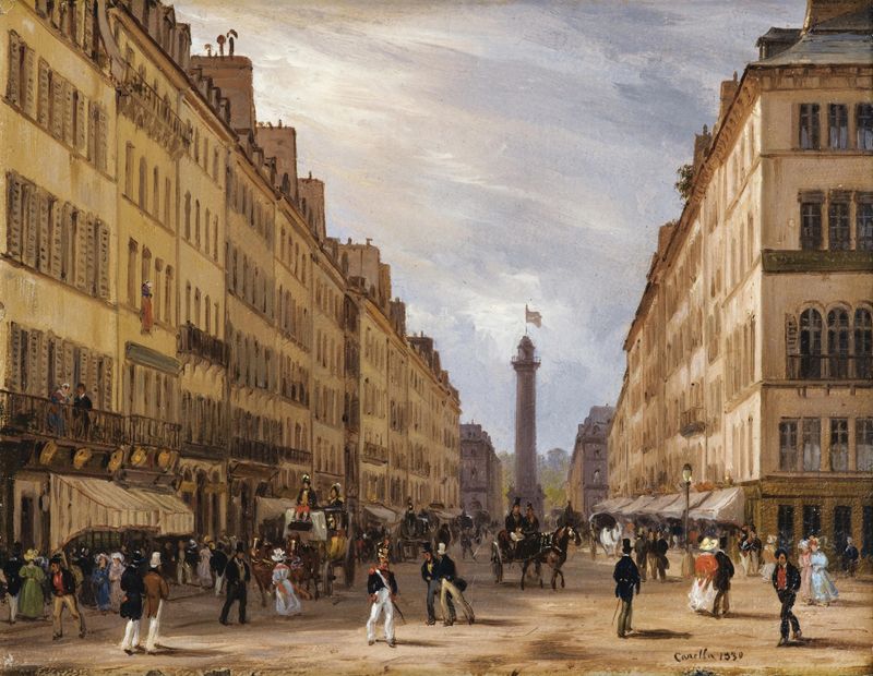 Pintura de paisagem a óleo de Giuseppe Canella retratando Paris com luz dourada e ruas de paralelepípedos.