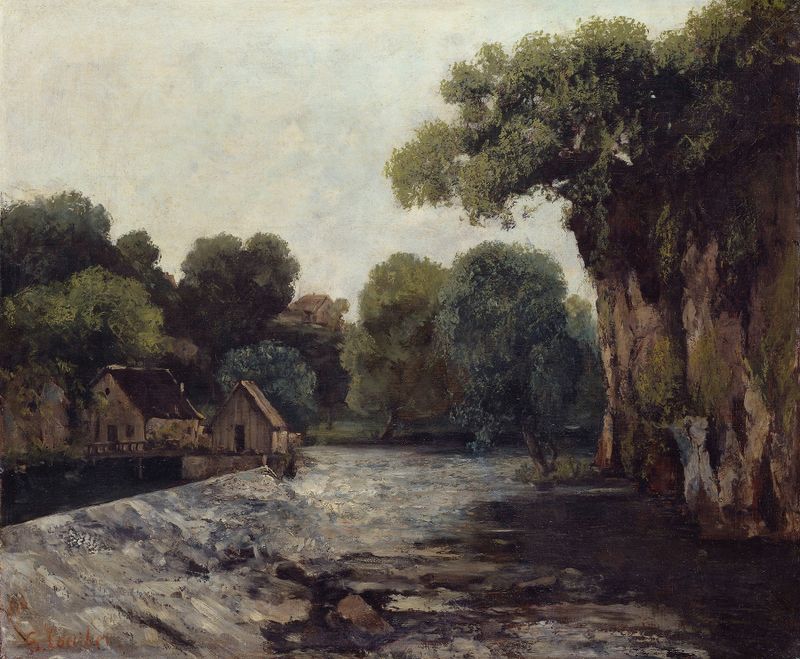 O Weir no Moinho de Gustave Courbet, óleo sobre tela que retrata uma cachoeira e um moinho.