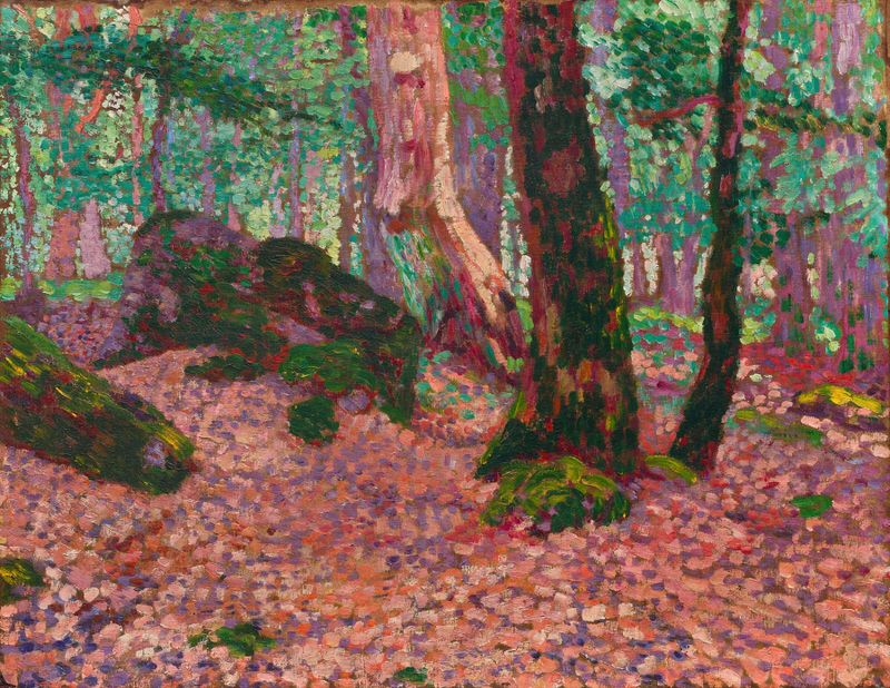 Forest scene with light and shadows, oil on canvas by Georges Lacombe