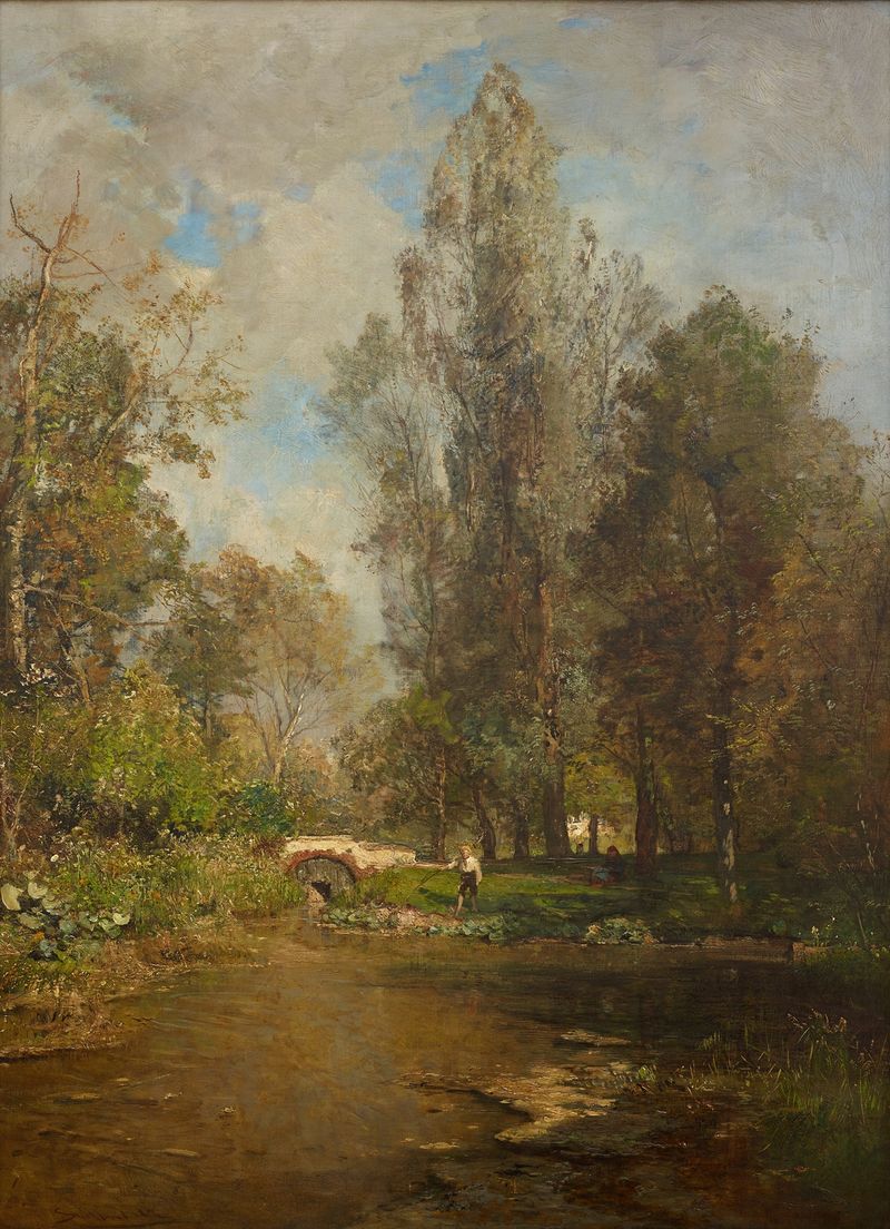 Landscape of hills and trees in warm sunlight, oil painting by Emil Jakob Schindler