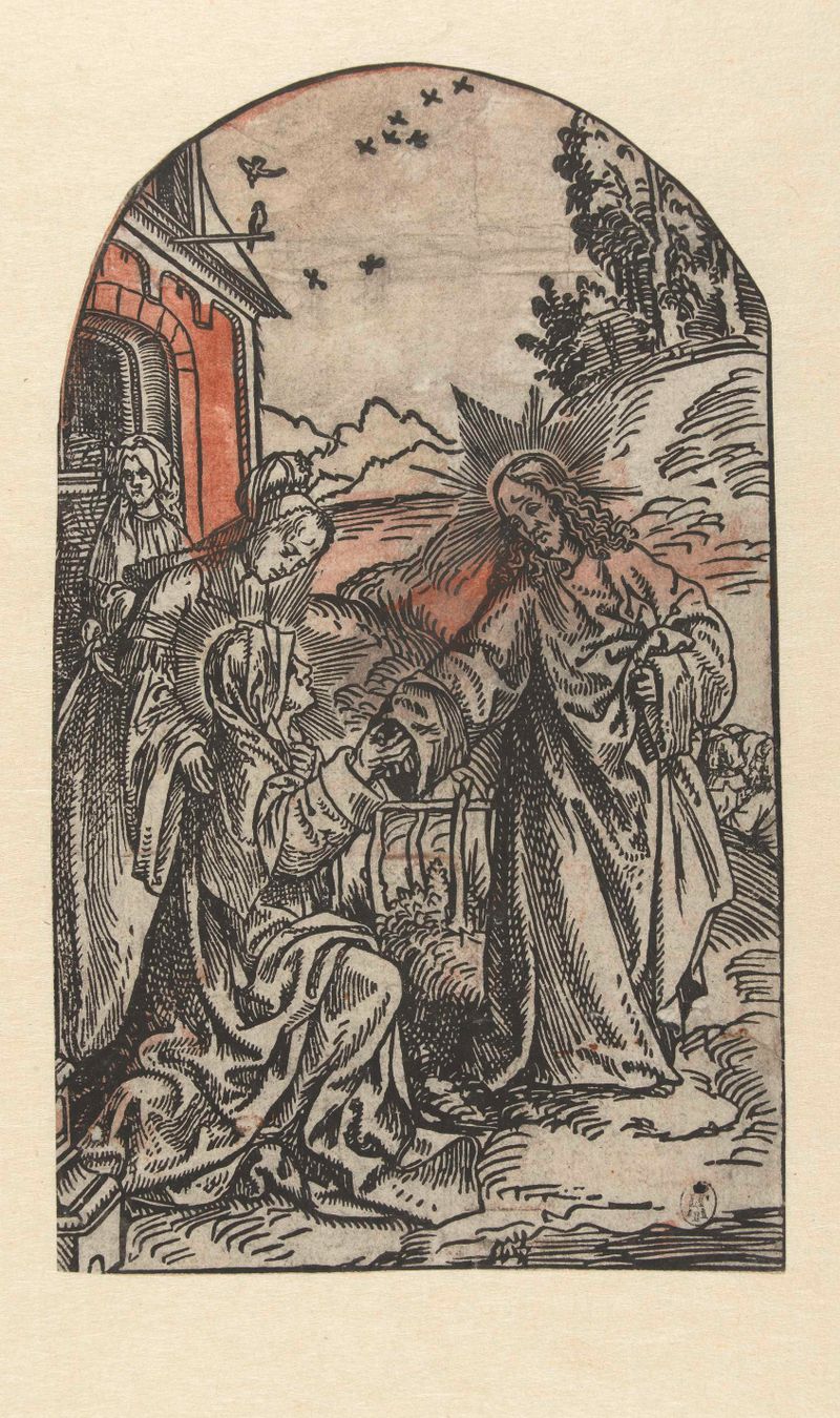 Cena religiosa de despedida entre mãe e filho, papel de Jacob Cornelisz van Oostsanen