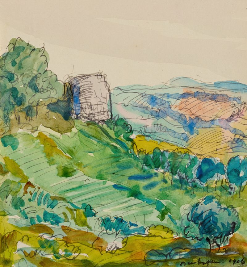 Paisagem com uma estrada sinuosa e suaves verdes e dourados de Donald Shaw MacLaughlan, pintura a óleo.