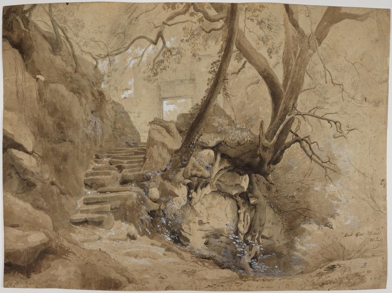 Felsentreppe im Park der Villa Chigi in Ariccia de Johann Wilhelm Schirmer, pintura a óleo que mostra degraus e vegetação.