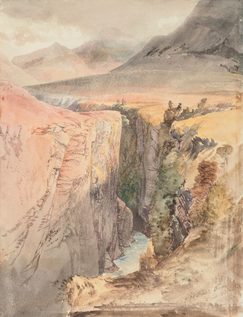 The River Von, near Lake Wakatipu by Nicholas Chevalier, oil on canvas depicting a river and mountains.