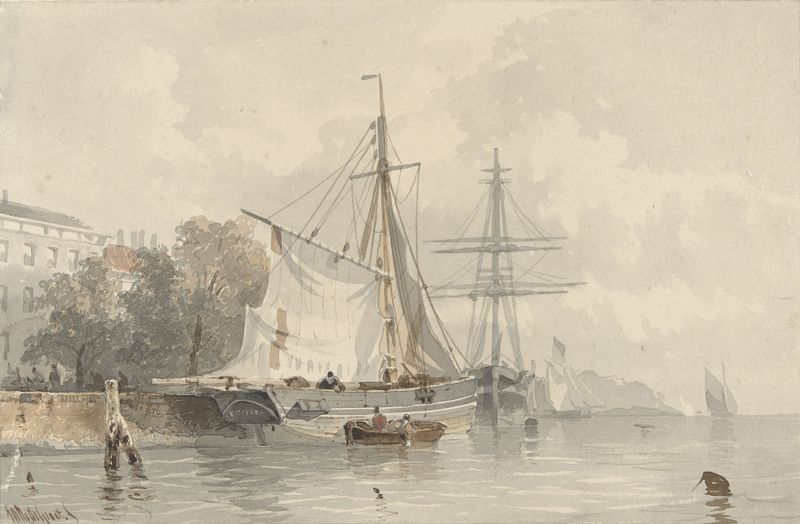 Cena marinha com barcos à vela no cais, pintura a óleo de Frans Arnold Breuhaus de Groot