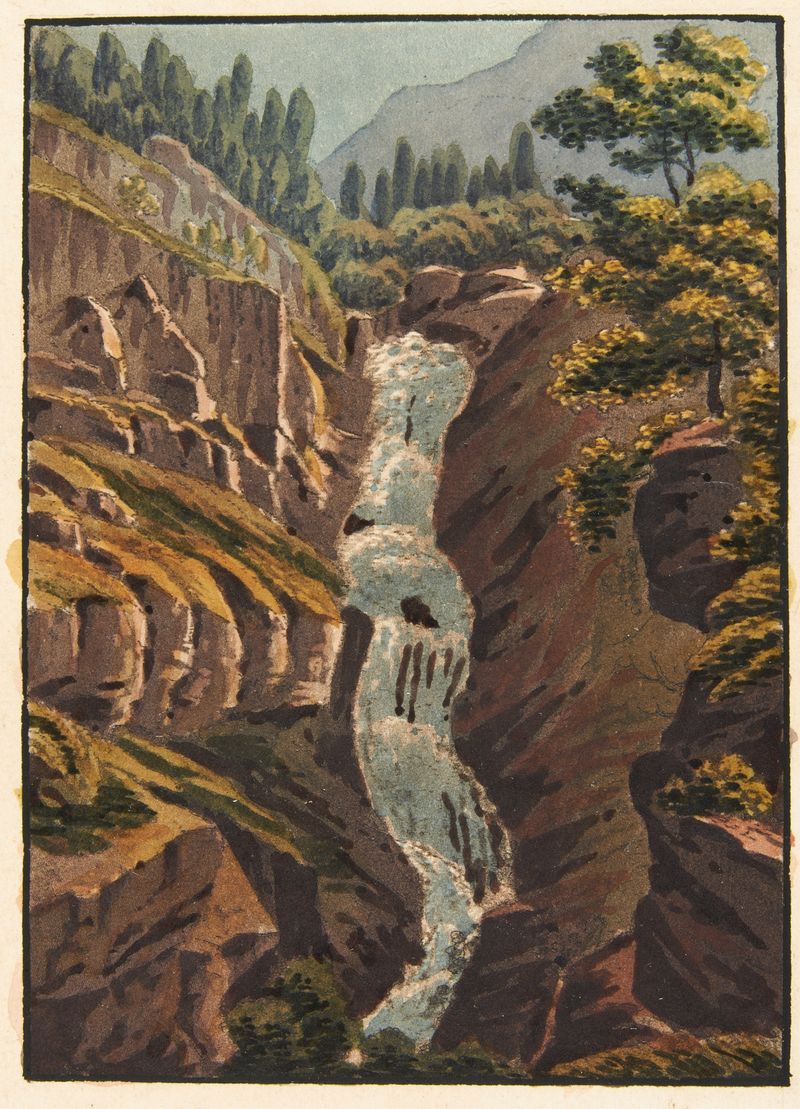 Cascada que cae sobre rocas en un paisaje de Jakob Samuel Weibel, medio desconocido.