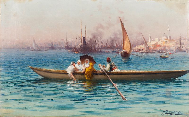 Amusement on the Caique by Fausto Zonaro, impressionism, depicting figures on a boat under sunlight