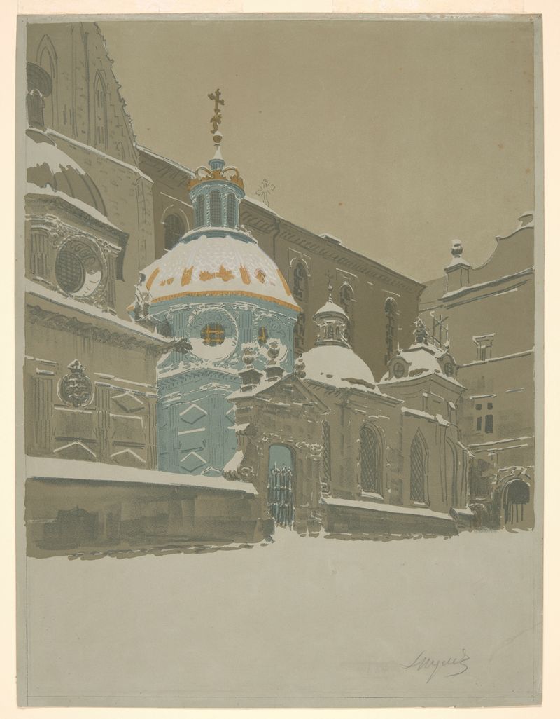 Capela coberta de neve no inverno por Leon Wyczółkowski, pintura a óleo