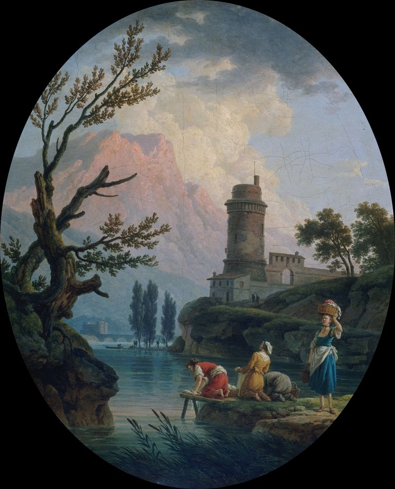 Paysage avec lavandières de Claude-Joseph Vernet, óleo sobre tela representando mulheres junto a um rio.