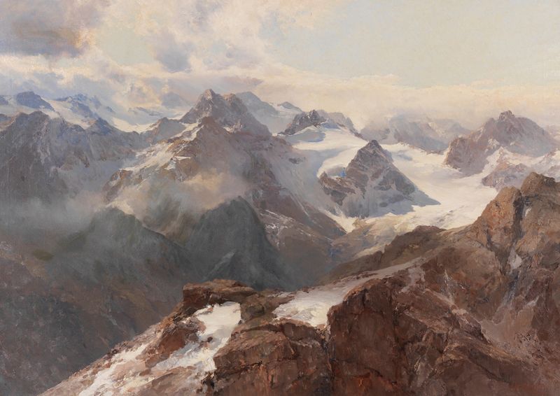 Paisagem alpina com montanhas e neve de Edward Theodore Compton, 1910