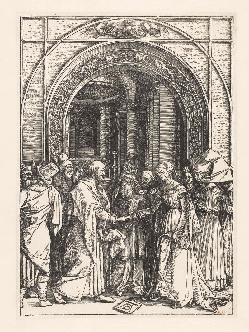 Huwelijk van Maria de Albrecht Dürer, obra em papel com figuras íntimas em luz suave.