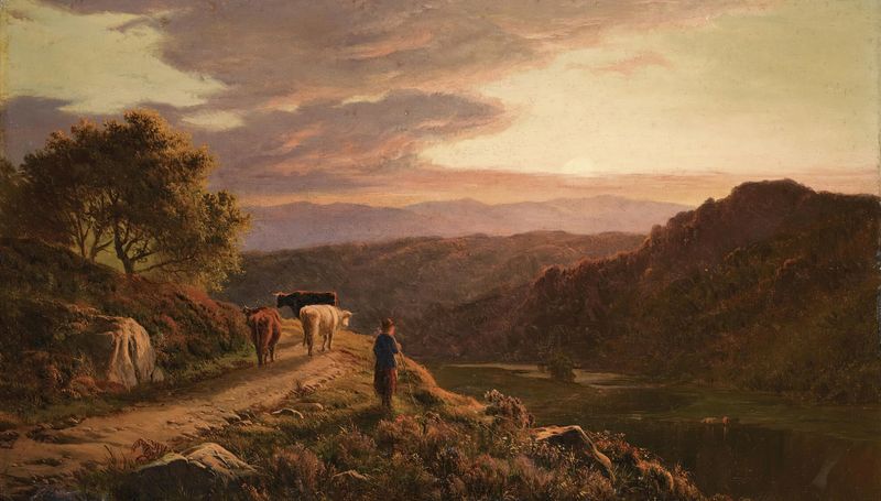 Pintura de paisaje al óleo de Sidney Richard Percy que representa colinas y un camino bajo un cielo azul.