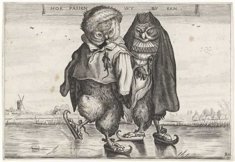 Grabado de Adriaen Matham que representa búhos deslizándose sobre el hielo