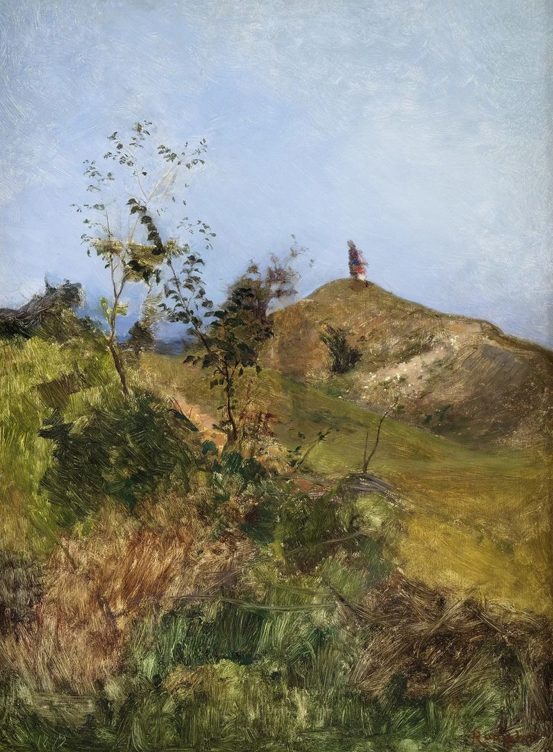 Figurative scene of a girl on a grassy knoll by Franz Rumpler, oil painting