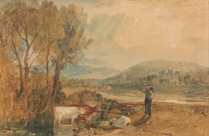 Lulworth Castle, Dorset de Joseph Mallord William Turner, óleo sobre tela, paisagem com luz suave.