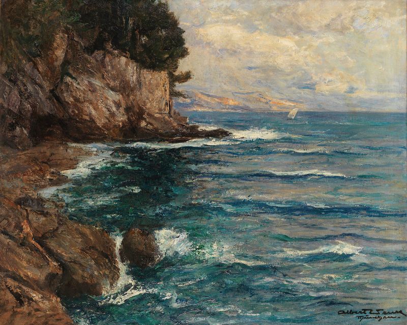 Felsenküste auf Capri de Albert Wenk, óleo sobre tela representando penhascos e mar azul