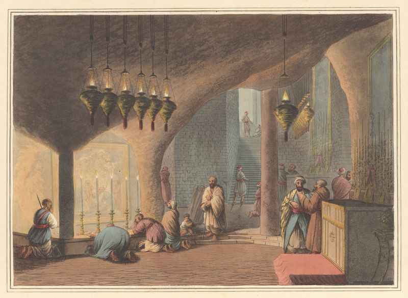 A Gruta da Natividade de Luigi Mayer, retratando uma cena religiosa em uma gruta.