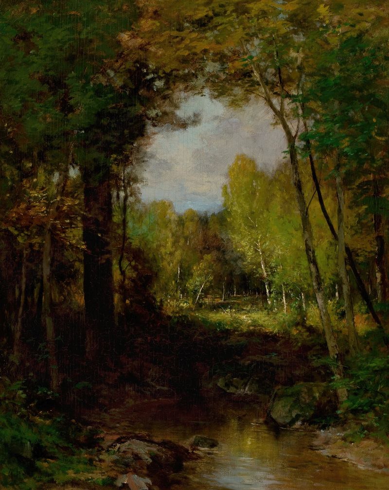 Keene, Adirondacks by Alexander Helwig Wyant, oil on canvas depicting a serene lake with pines.