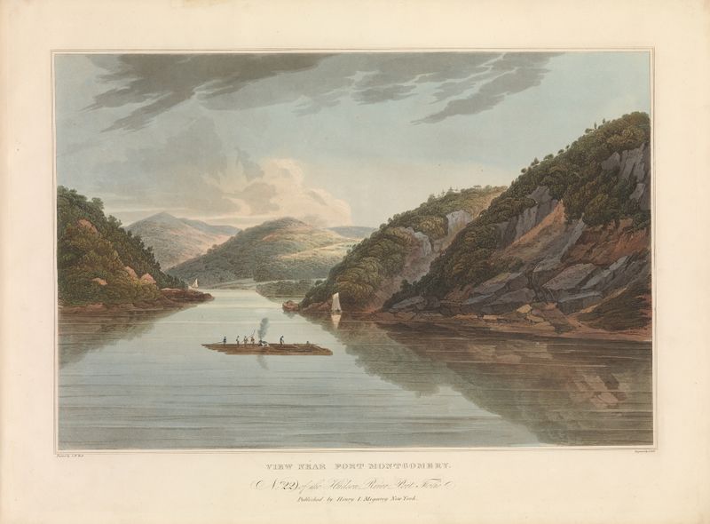 View Near Fort Montgomery de John Hill, Romanticismo, que representa un paisaje tranquilo con un río y un fuerte distante.