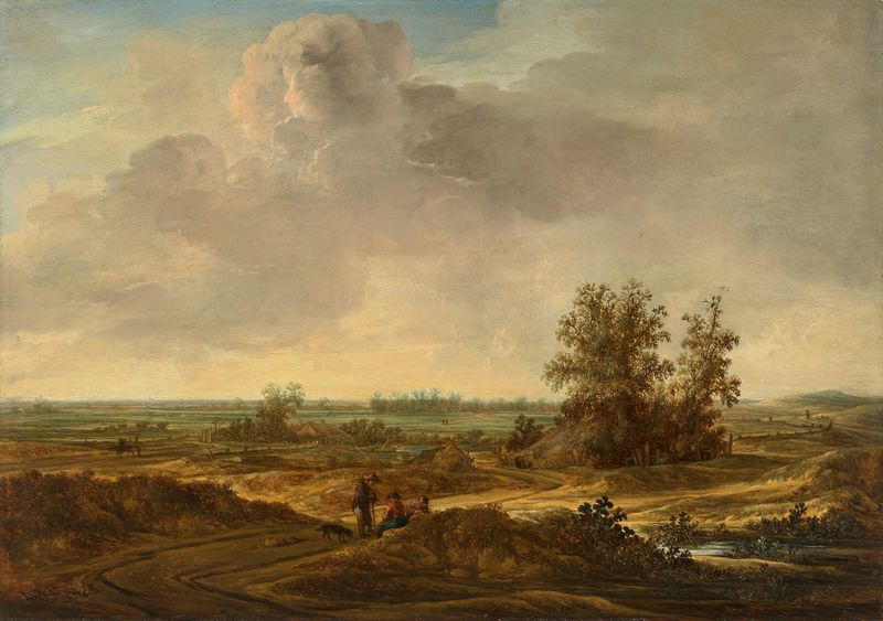 Un paisaje de dunas con tres viajeros y un perro en reposo, óleo sobre lienzo de Jacob Van Moscher