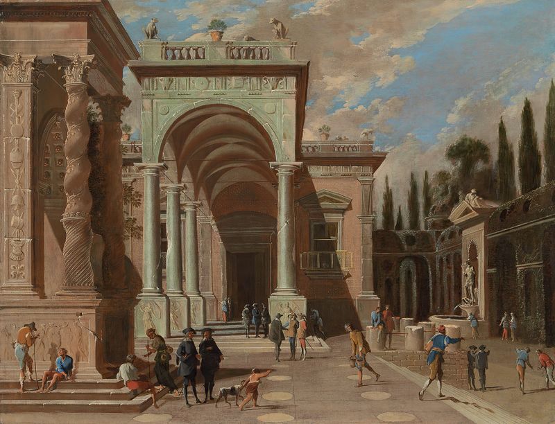 An Architectural Capriccio With Figures Outside A Palace de Ascanio Luciani, estilo Rococó, retratando um grande palácio.