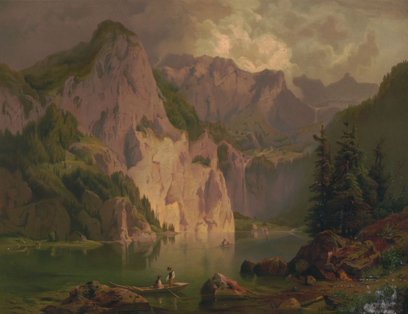 Obersee bei Berchetsgarden de J.C. Berke, pintura al óleo que muestra un atardecer sobre un lago tranquilo.