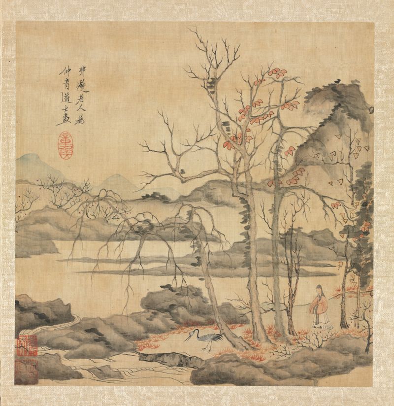 Daoist and Crane in Autumn Landscape, traditional Chinese art by Chen Hongshou